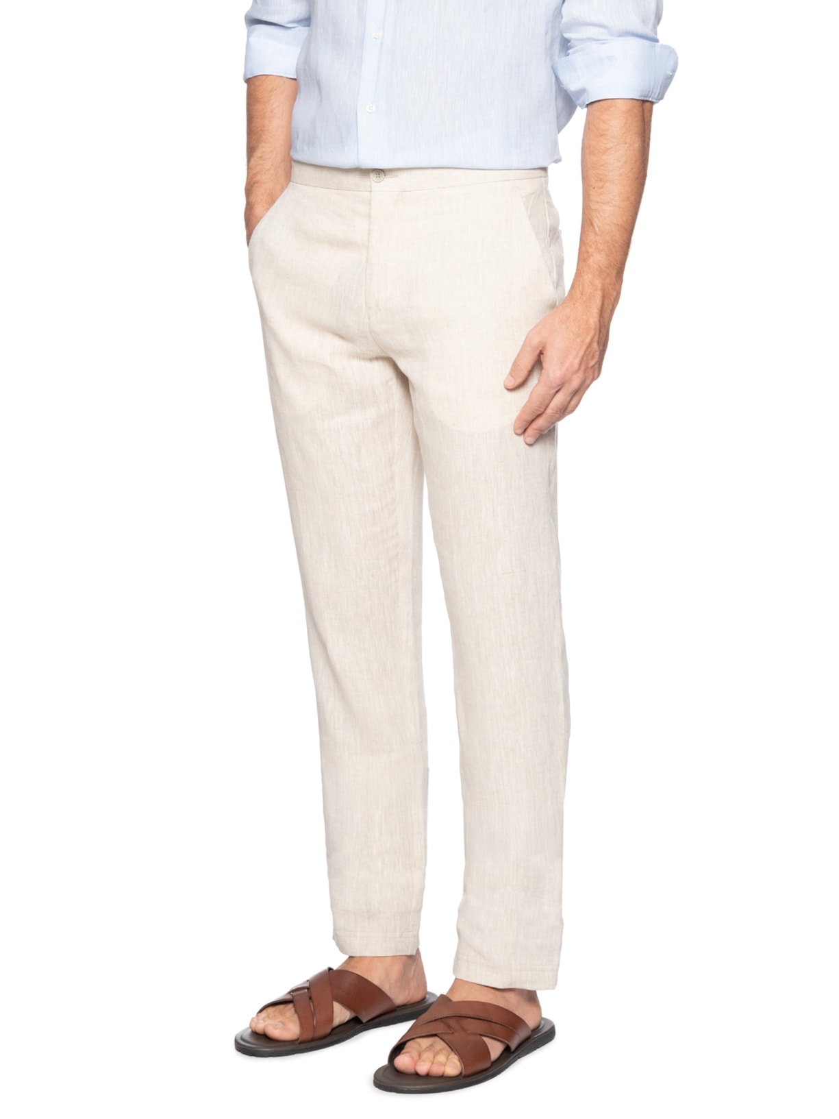 Calça Masculina Puro Linho 1/2 Elástico Bege Paramount Alfaiataria