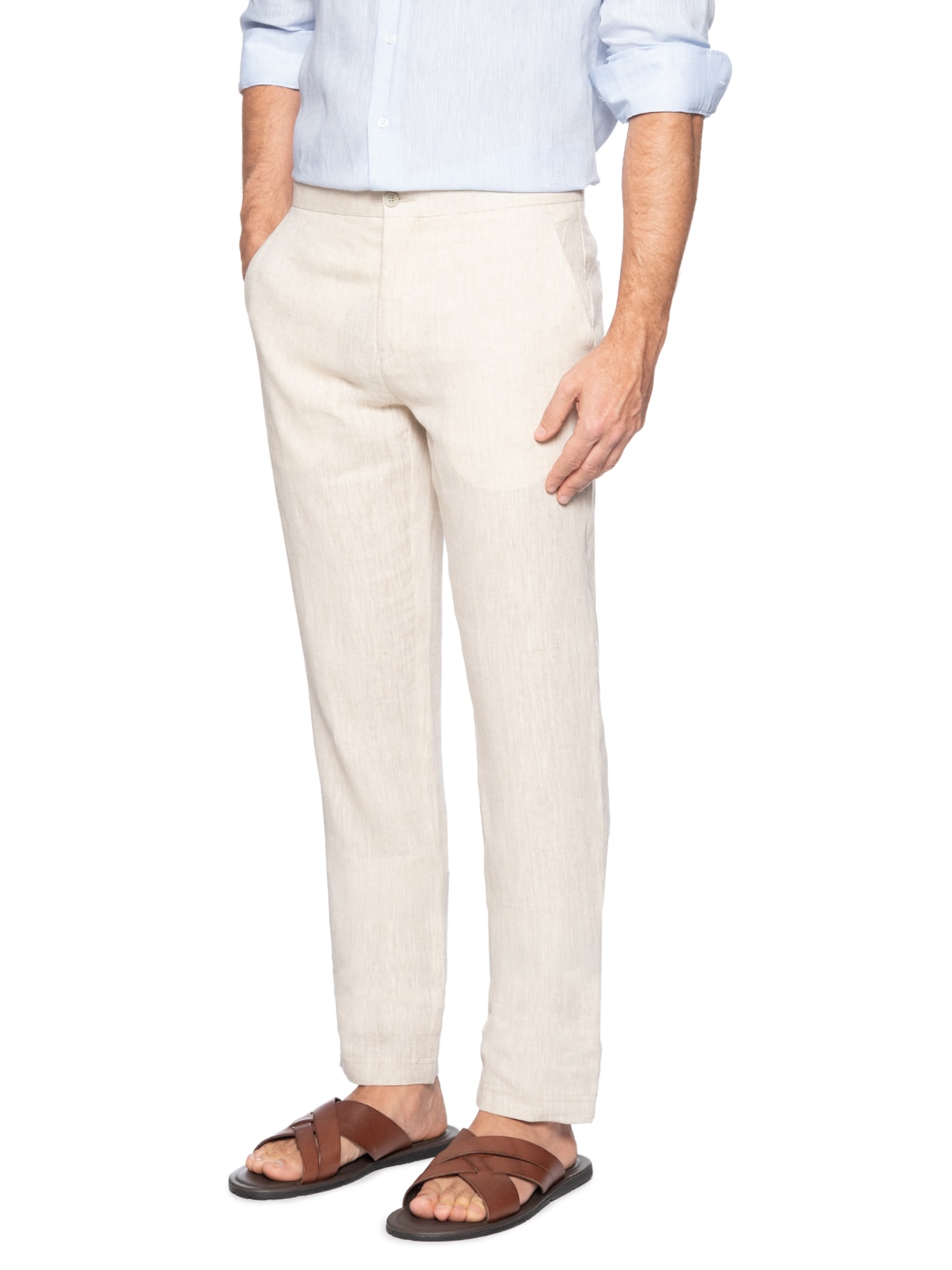 Calça Masculina Puro Linho 1/2 Elástico Bege Paramount Alfaiataria