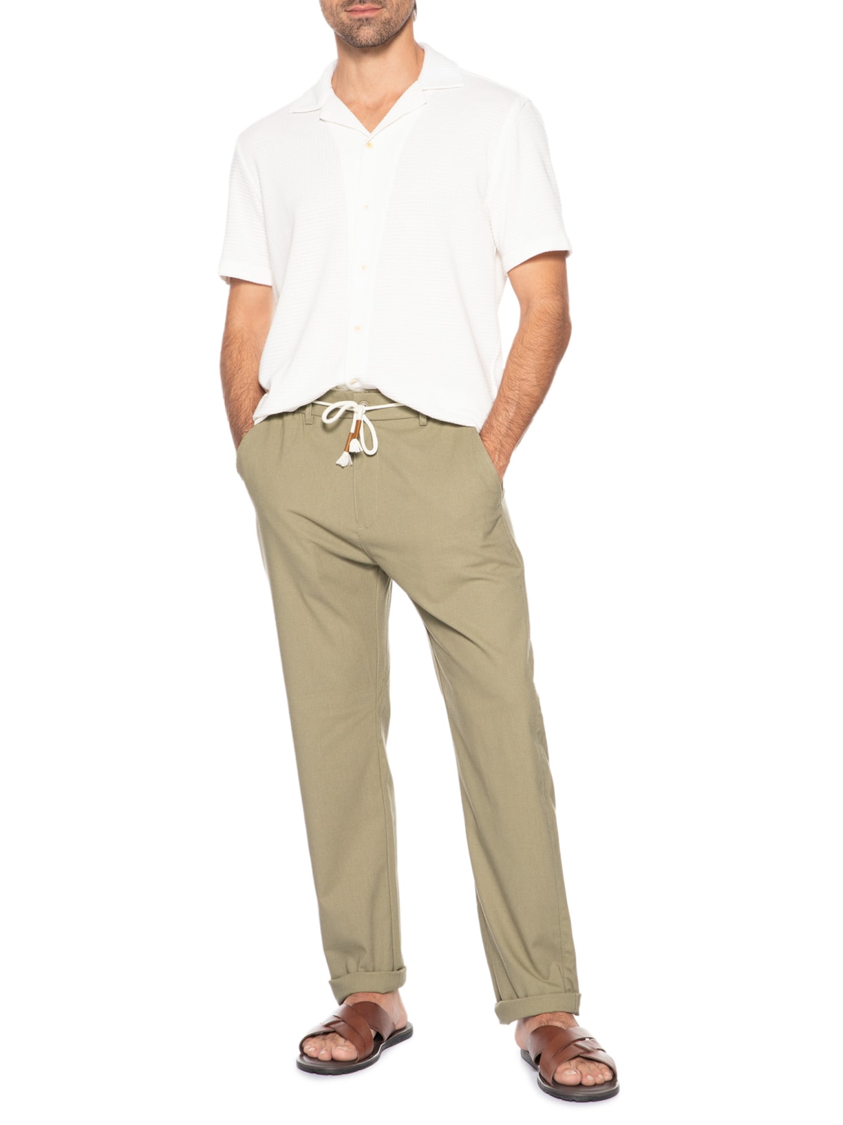 Calça Masculina Sarja Cós Elástico Cordão Slim Verde '2 Essential