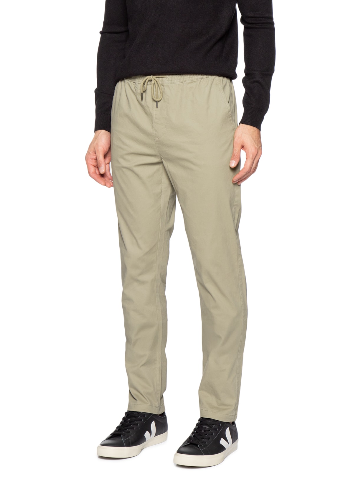 Calça Masculina Slim Sarja Com Elástico No Cós Bege Basiq Men