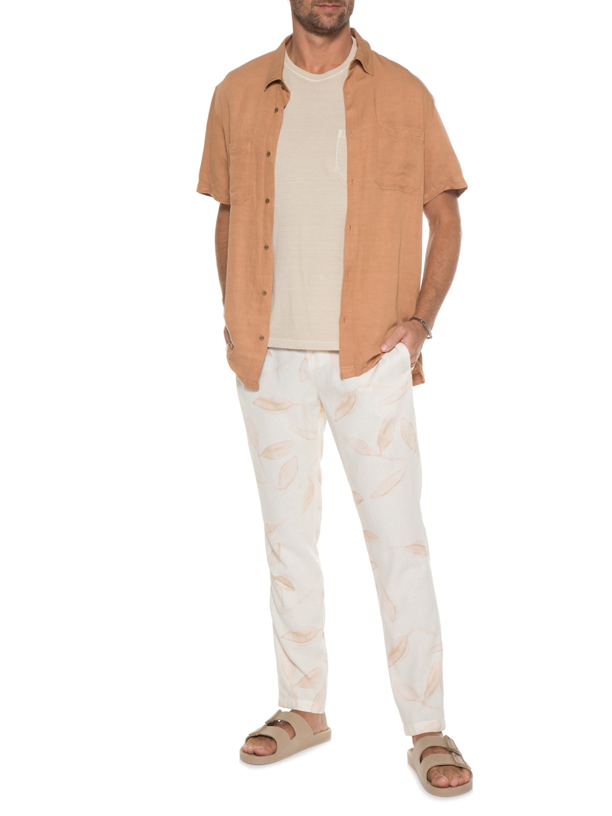 Calça Masculina Viscolinho Estampada Bege Barche