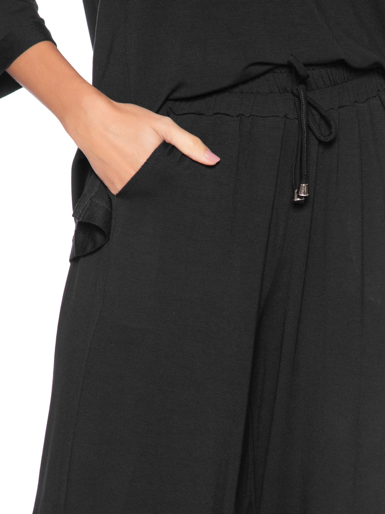 Calça Pantalona com Cordão Feminina Preto Basiq