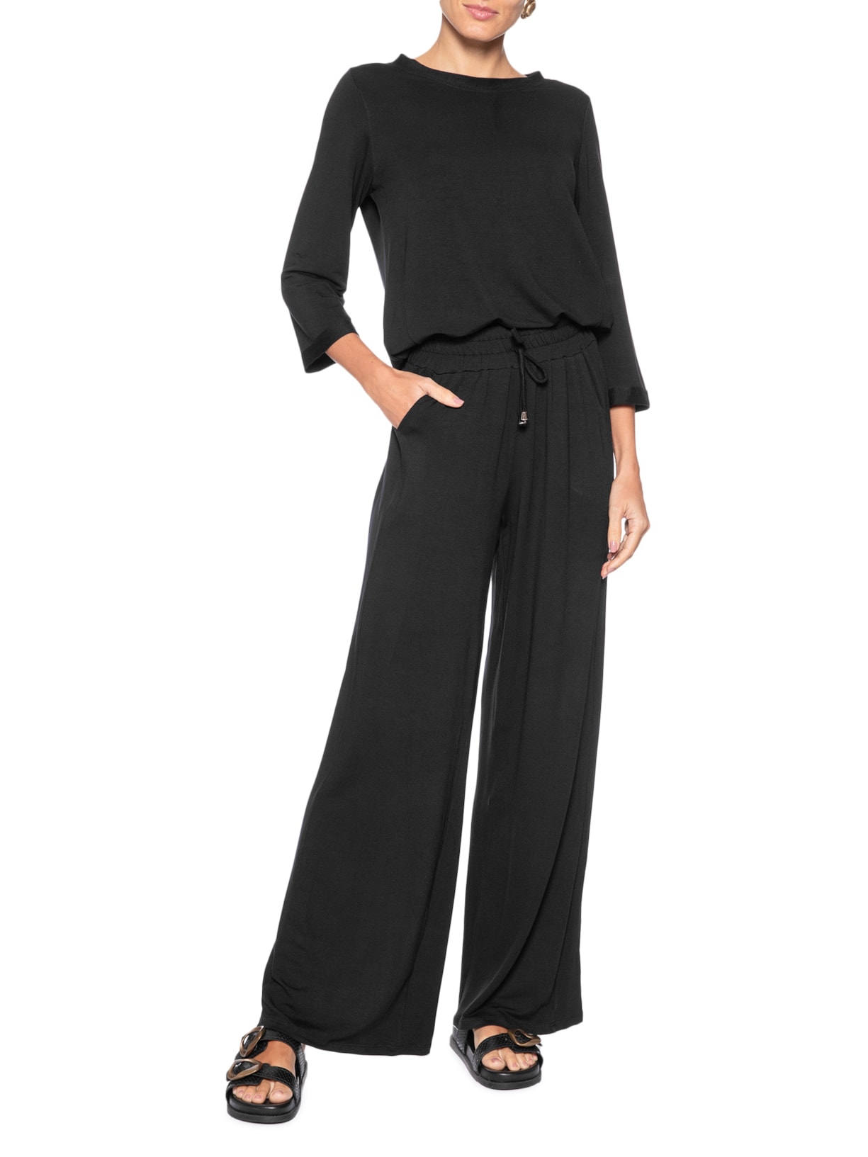 Calça Pantalona com Cordão Feminina – Preto Basiq