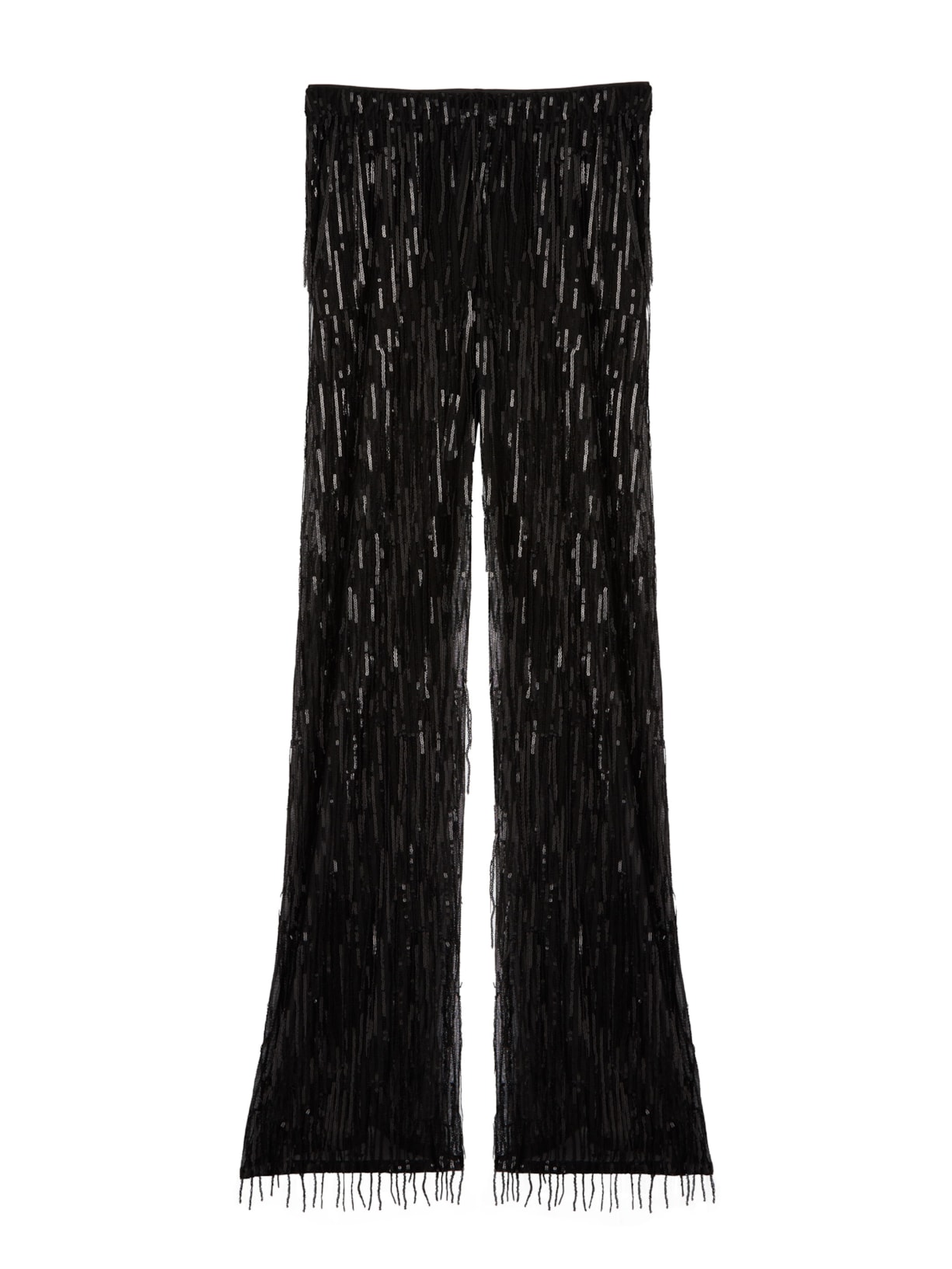 Calça Pantalona Com Franjas e Paetês - Preto