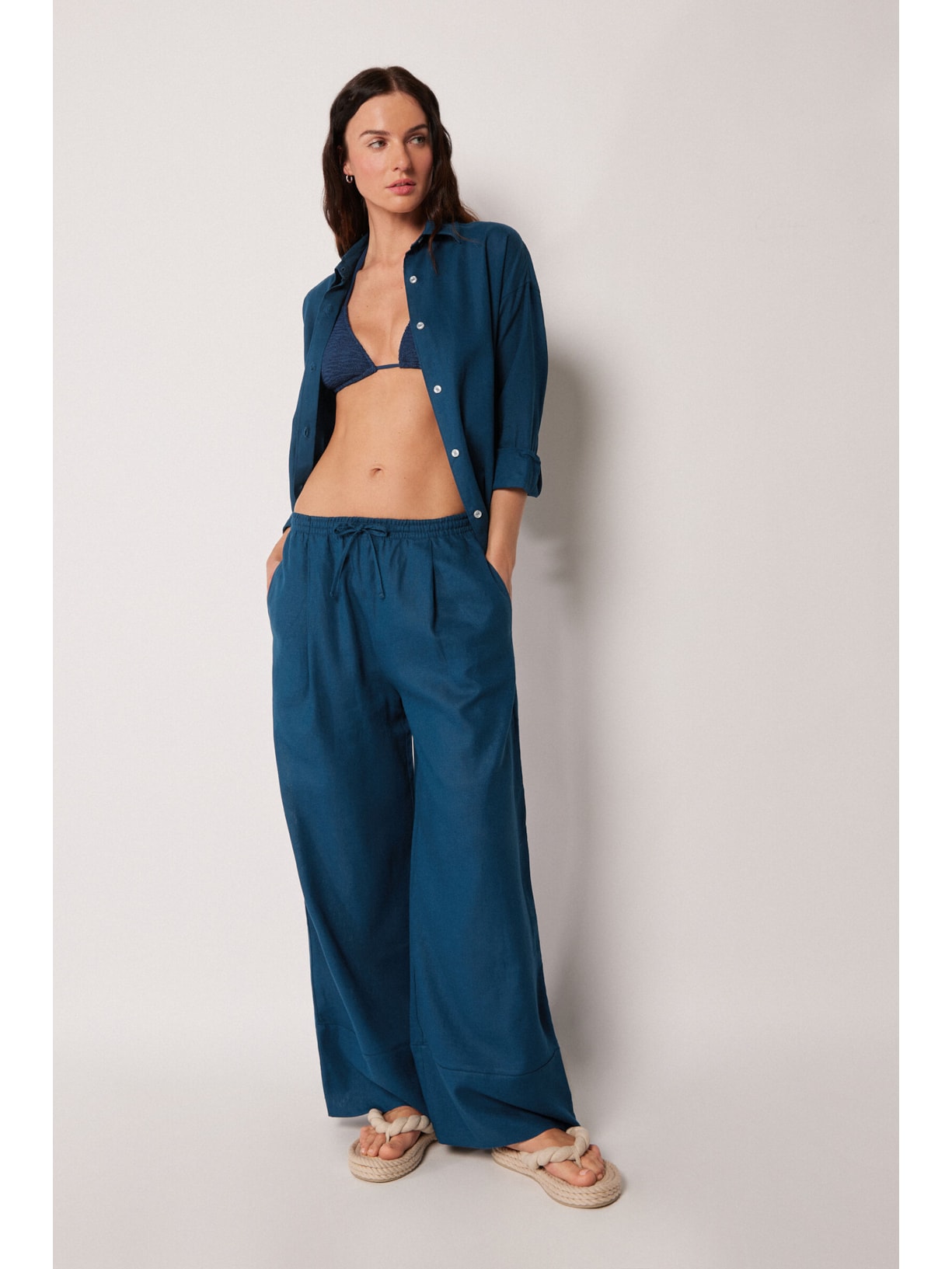 Calça Pantalona Em Linho e Viscose Azul Calzedonia