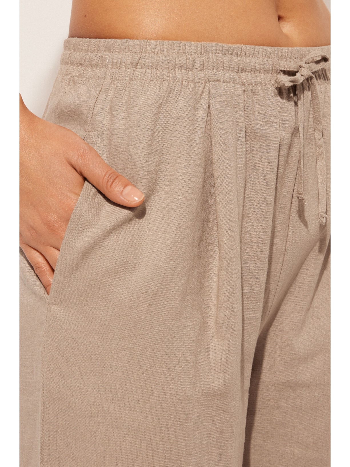 Calça Pantalona Em Linho e Viscose Bege Calzedonia