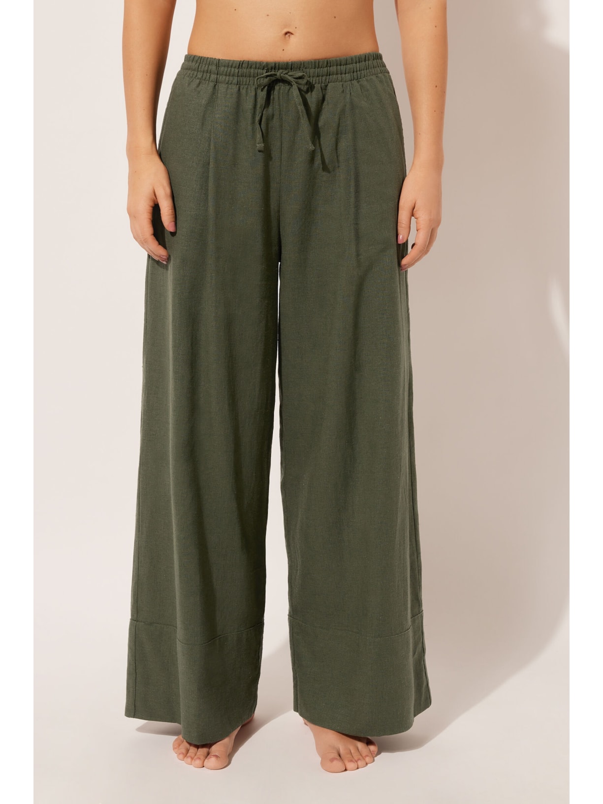Calça Pantalona Em Linho e Viscose Verde Calzedonia