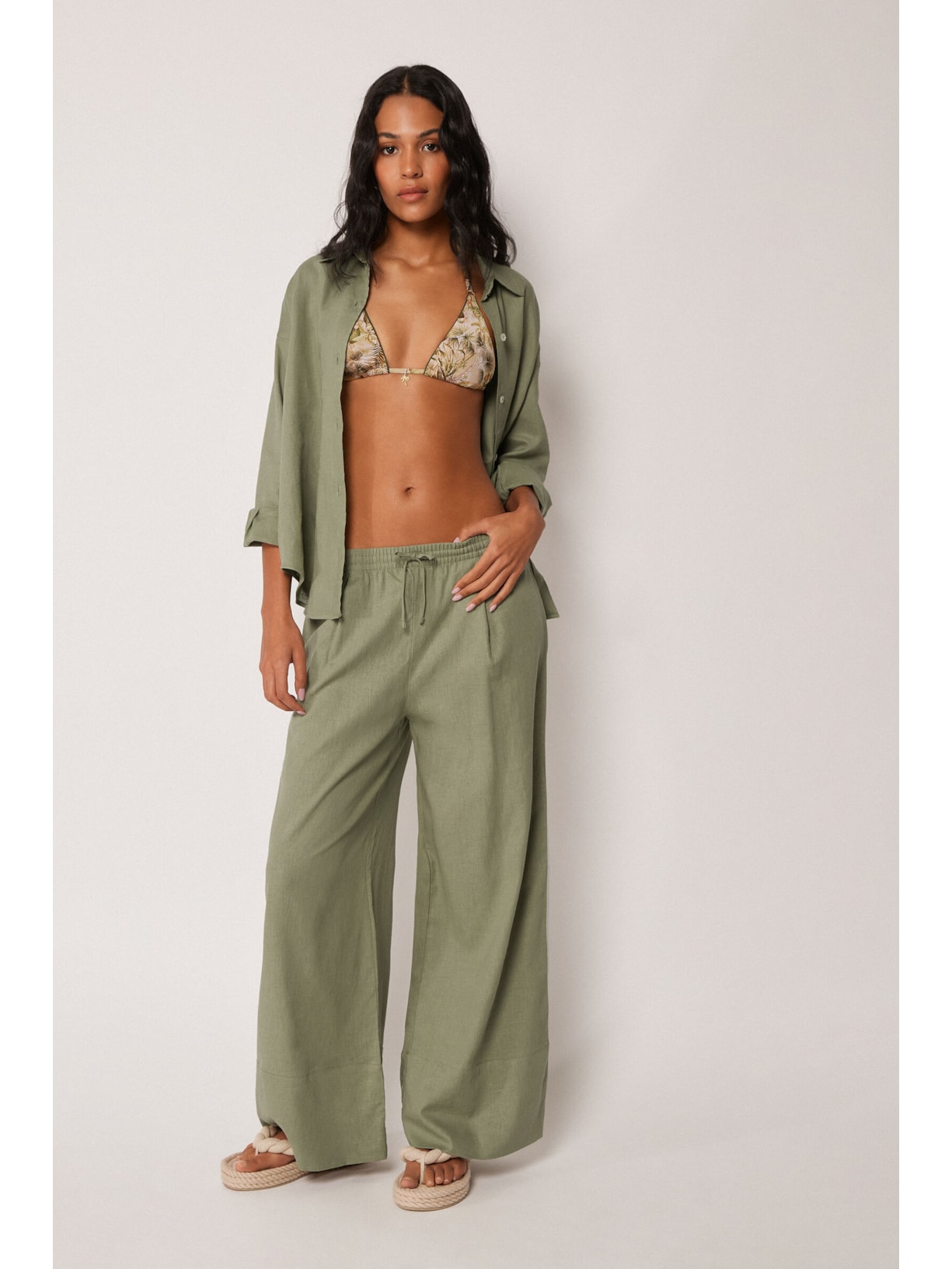 Calça Pantalona Em Linho e Viscose Verde Calzedonia
