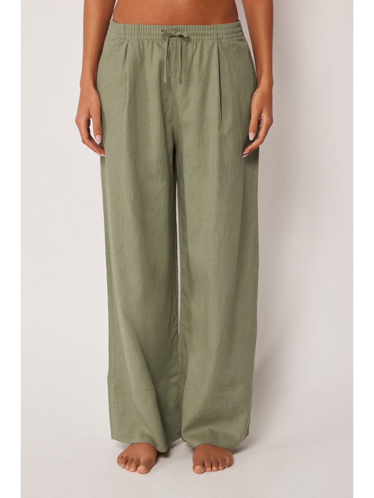 Calça Pantalona Em Linho e Viscose Verde Calzedonia