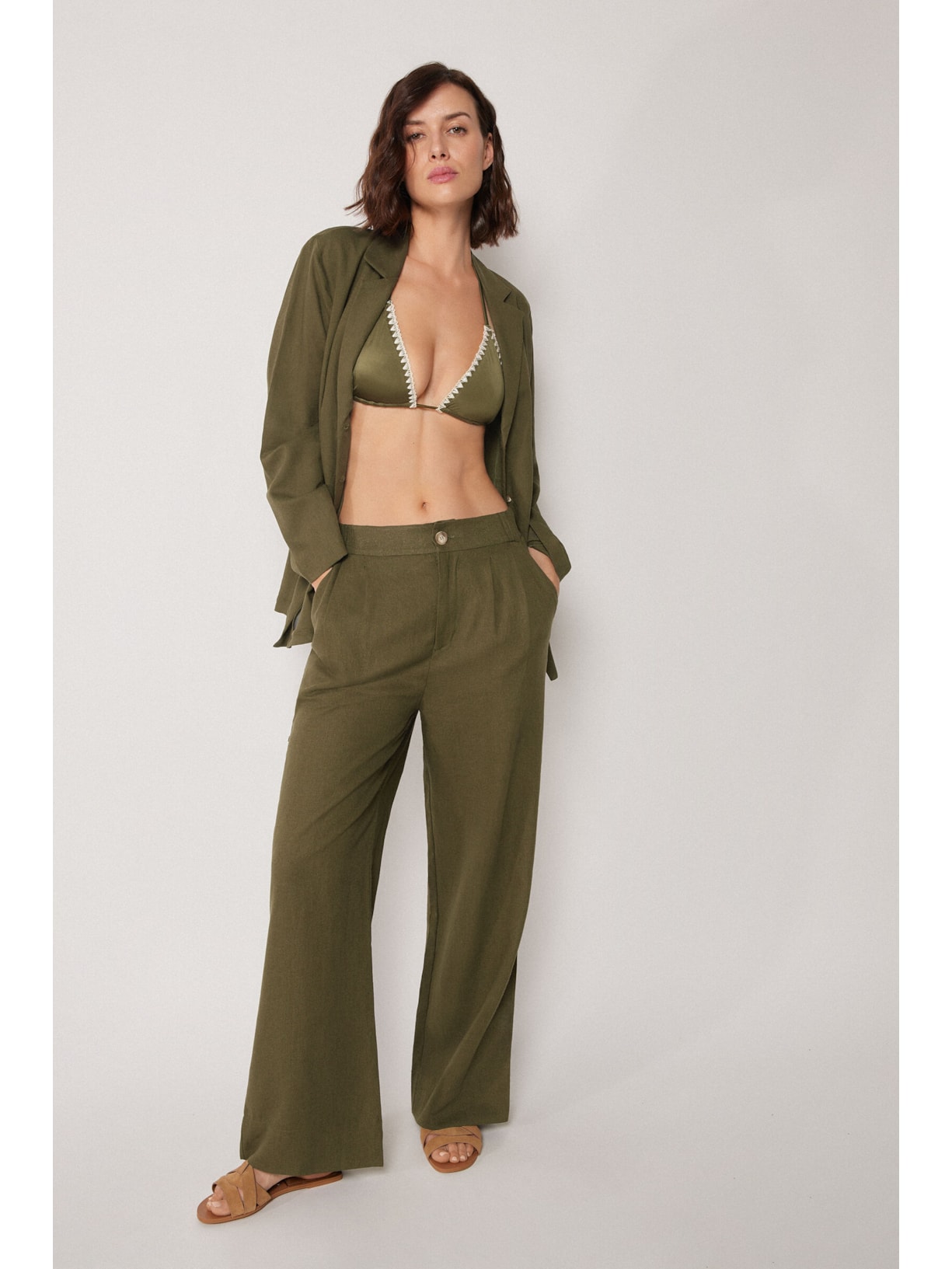 Calça Pantalona Em Linho e Viscose Verde Calzedonia