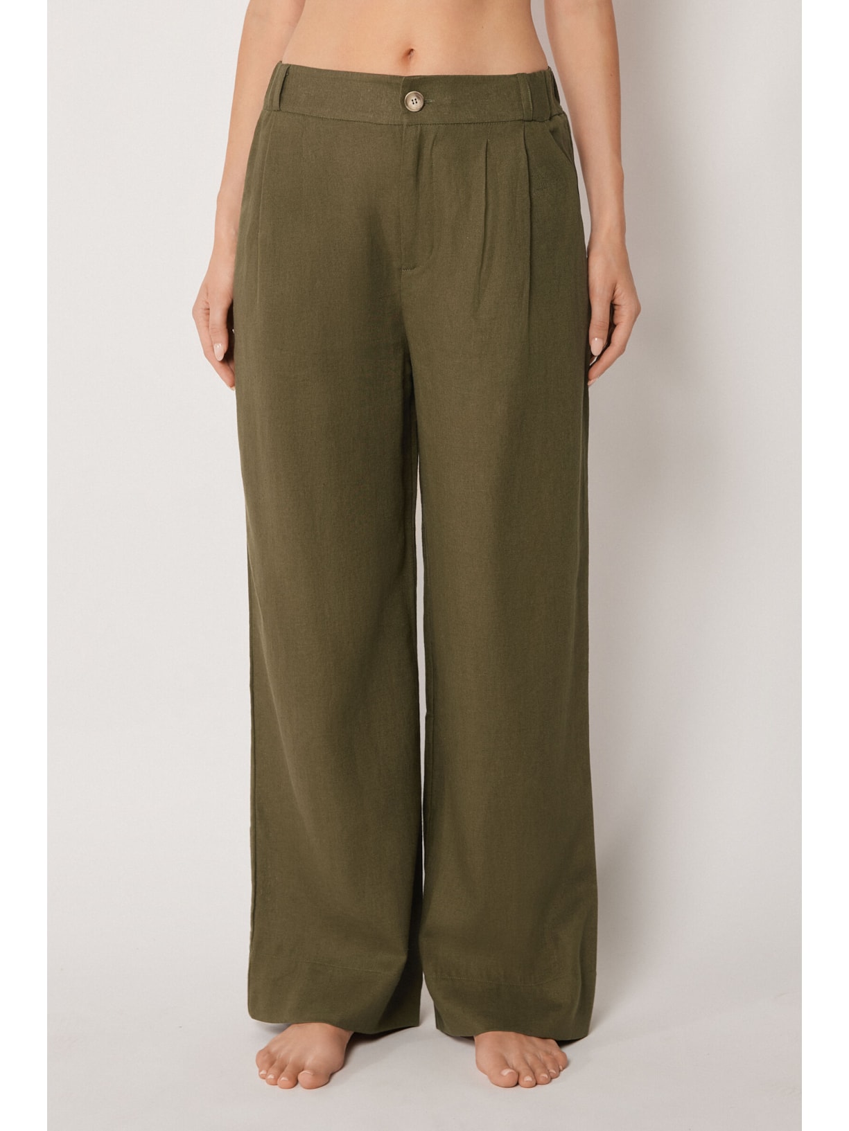 Calça Pantalona Em Linho e Viscose Verde Calzedonia