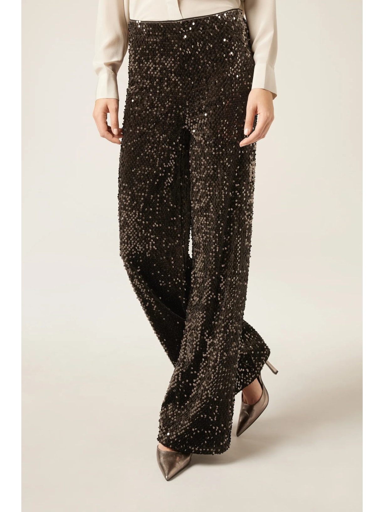 Calça Pantalona Em Veludo e Paetê Marrom Calzedonia