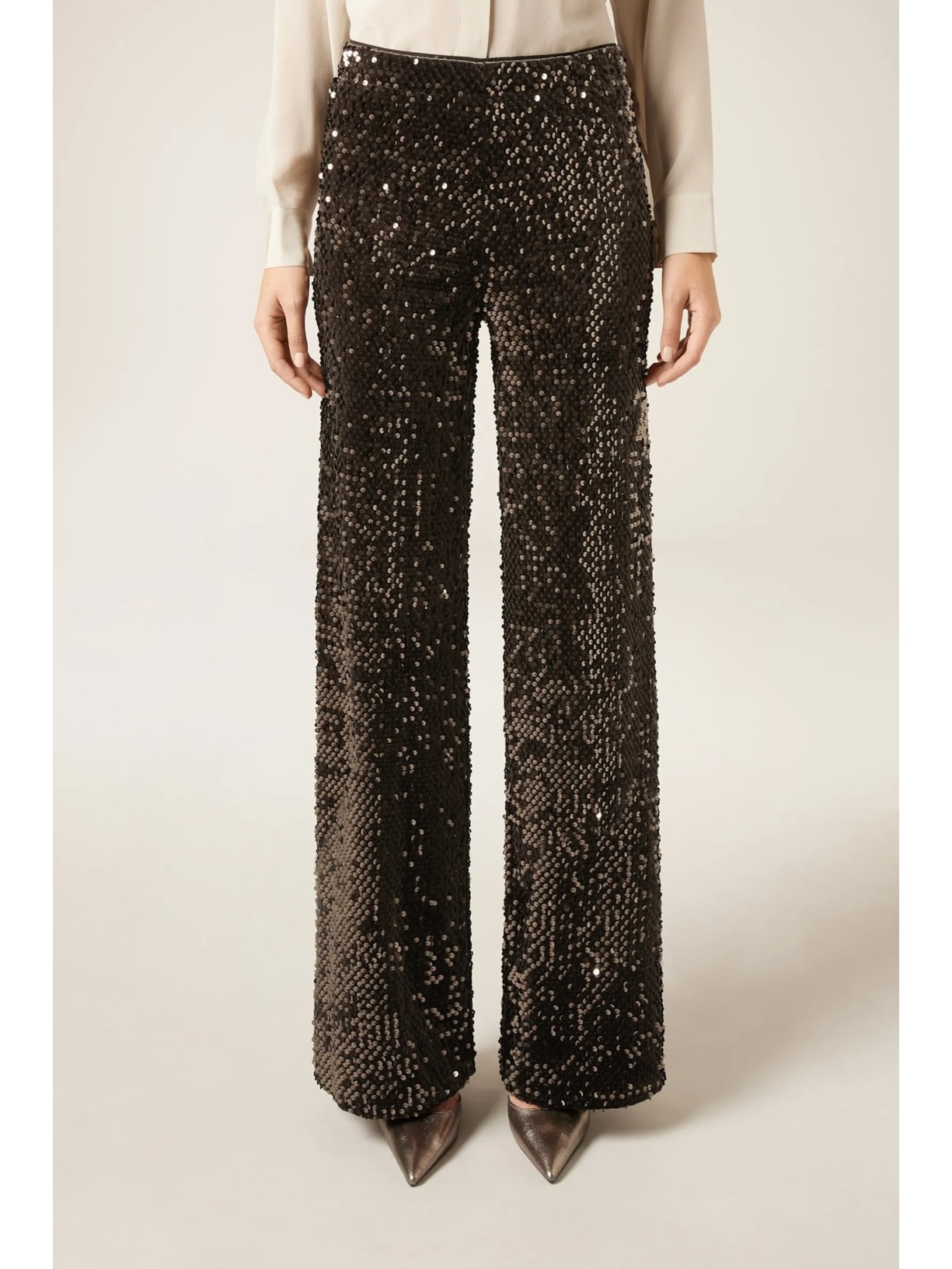 Calça Pantalona Em Veludo e Paetê Marrom Calzedonia