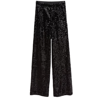 Calça Pantalona Em Veludo e Paetê - Preto