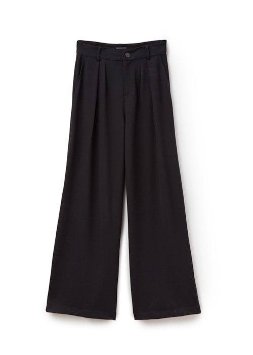 Calça Pantalona Em Viscose Com Pregas - Preto