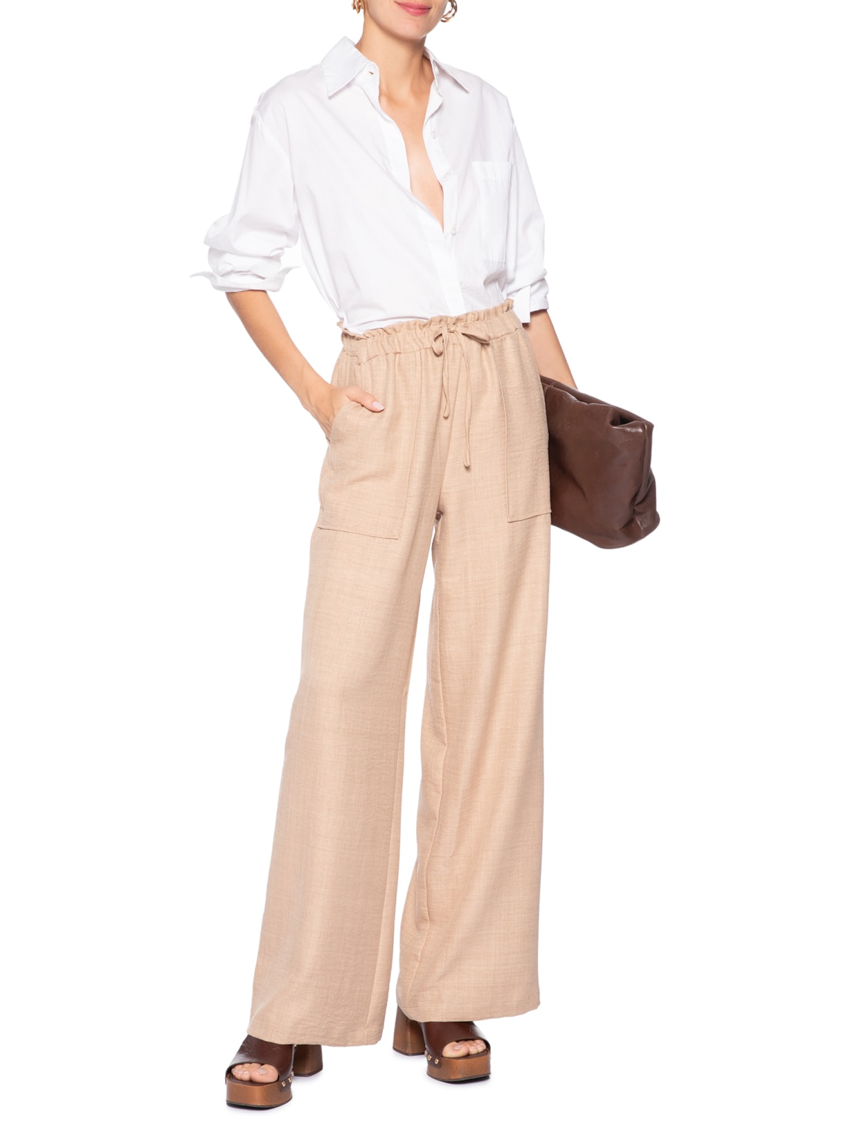 Calça Pantalona Feminina com Amarração Bege Market 33