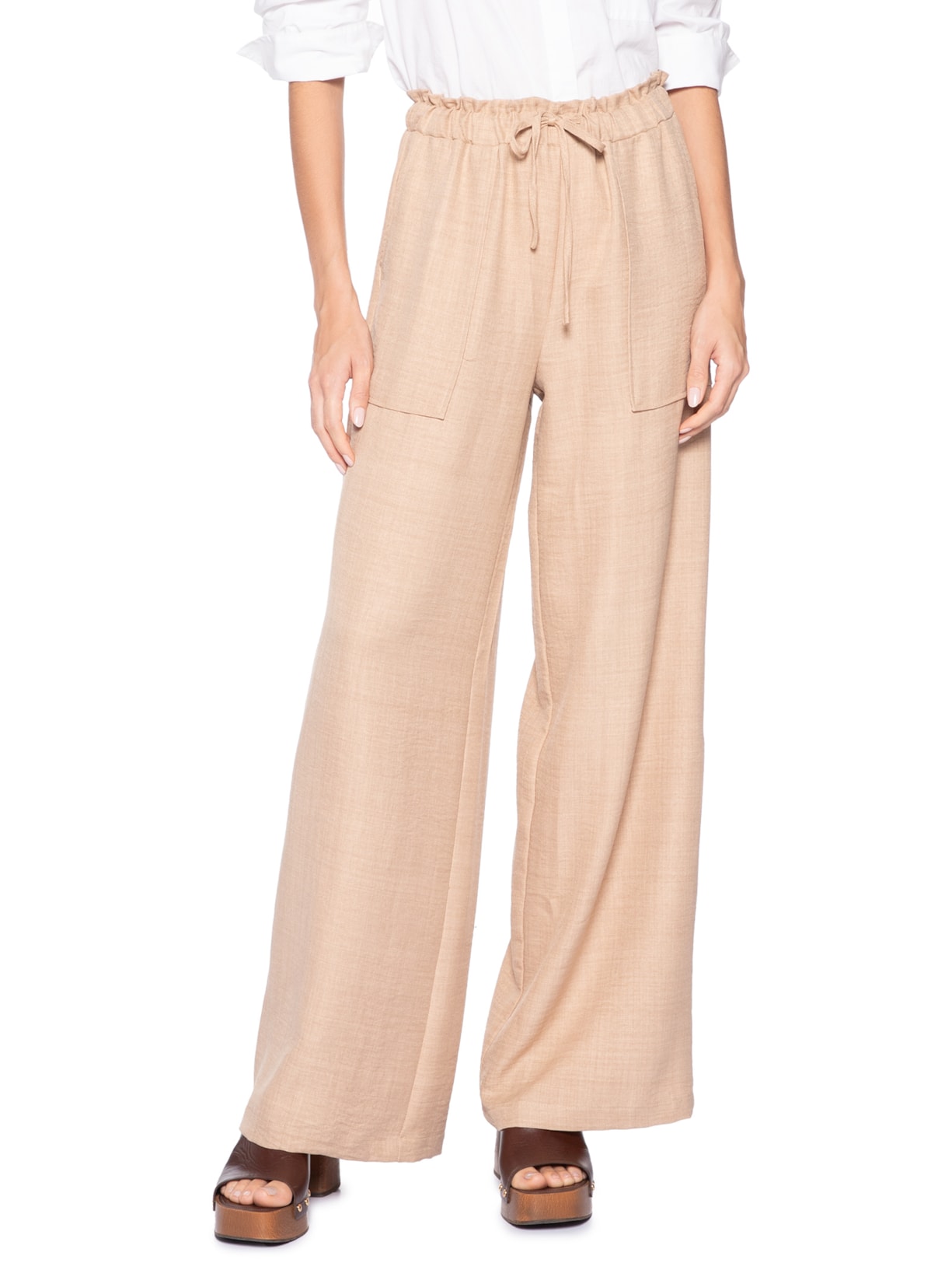 Calça Pantalona Feminina com Amarração Bege Market 33