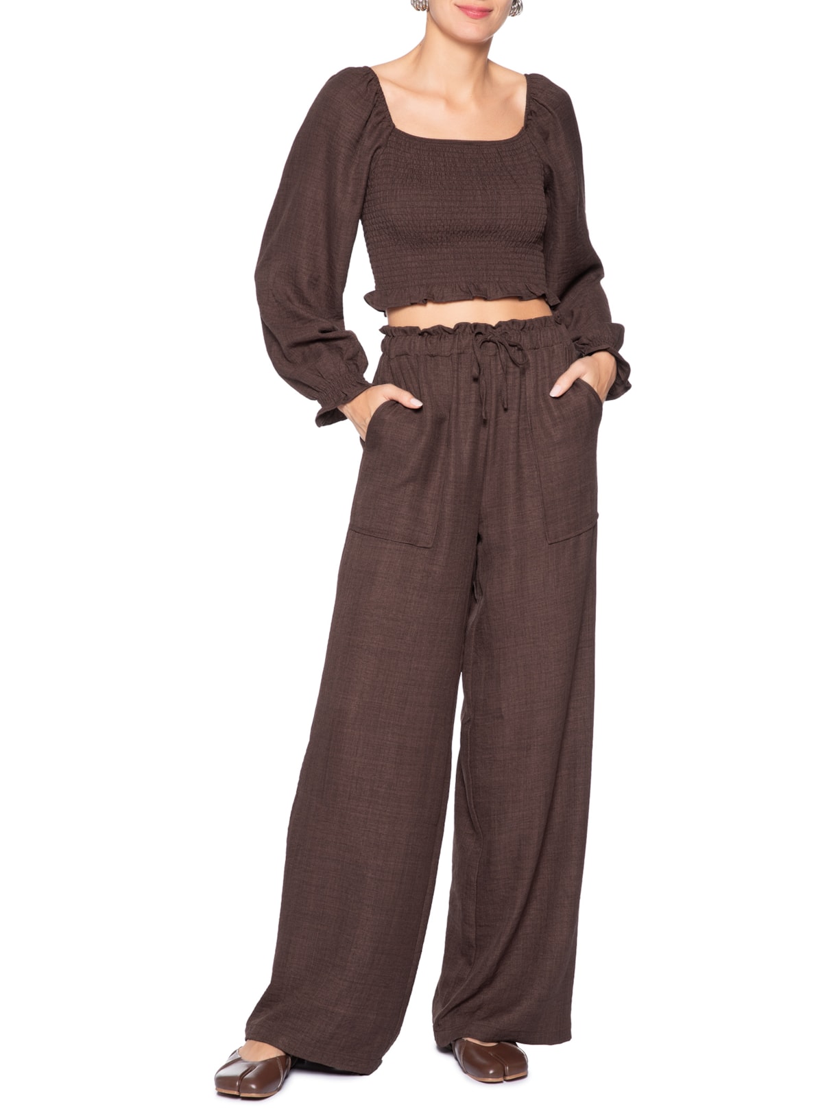 Calça Pantalona Feminina com Amarração Marrom Market 33