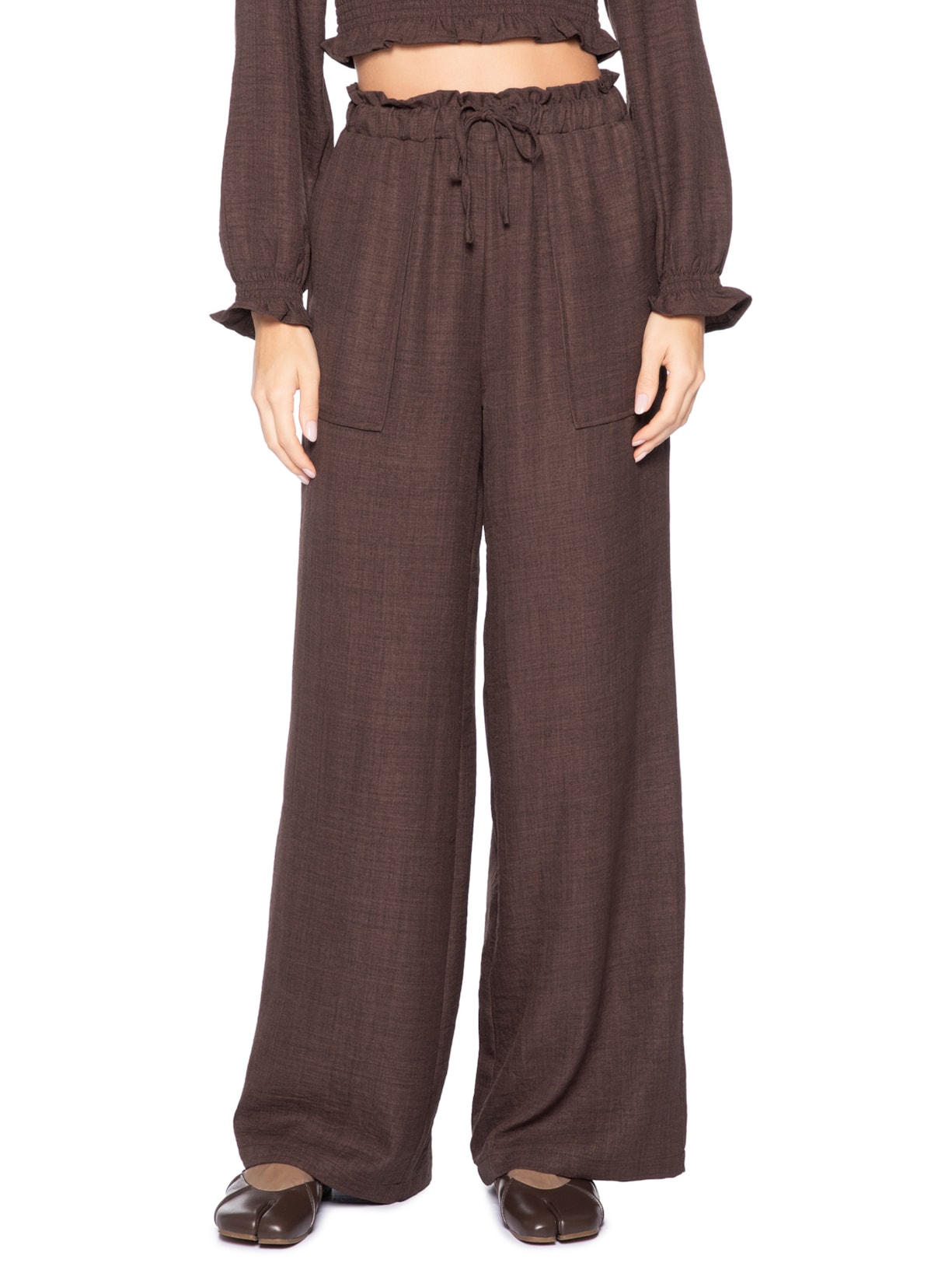 Calça Pantalona Feminina com Amarração Marrom Market 33