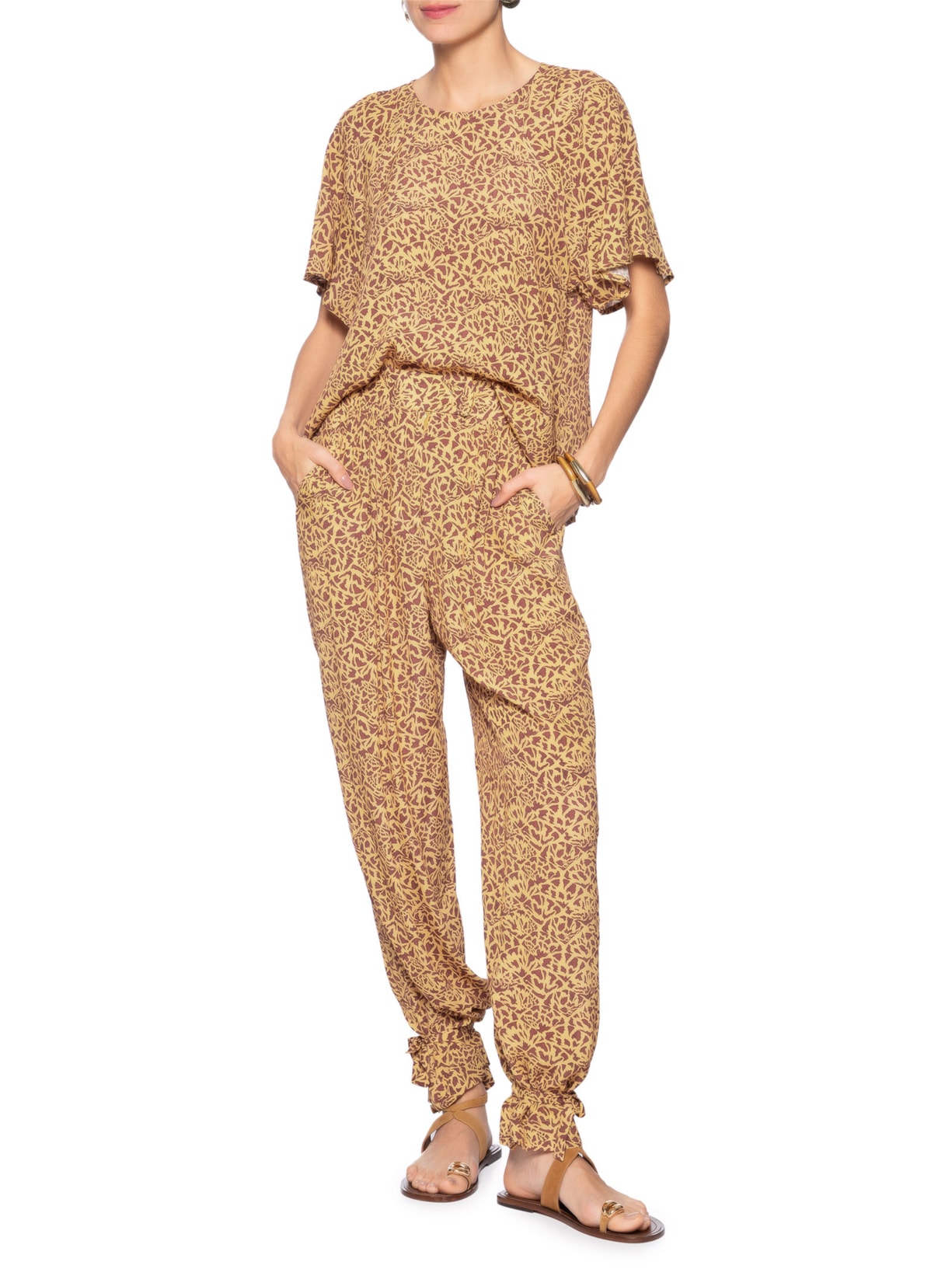 Calça Punho Amarração Estampada Marrom Animale