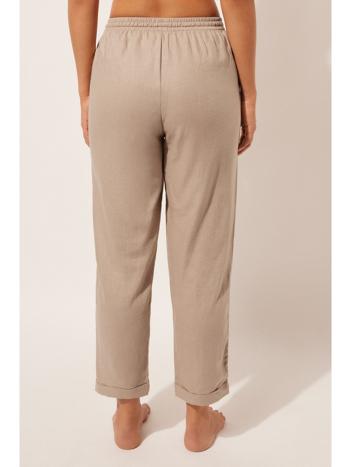 Calça Reta Em Linho e Viscose Bege Calzedonia