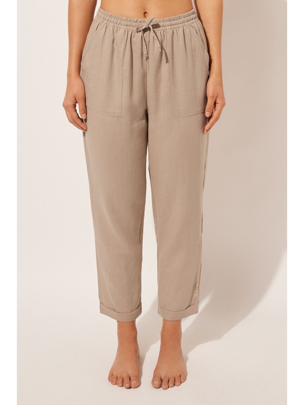 Calça Reta Em Linho e Viscose Bege Calzedonia