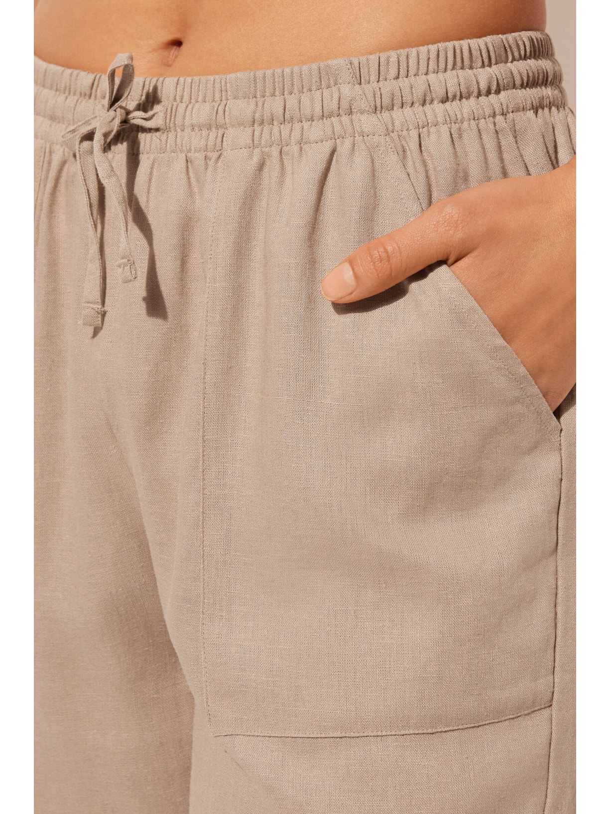 Calça Reta Em Linho e Viscose Bege Calzedonia