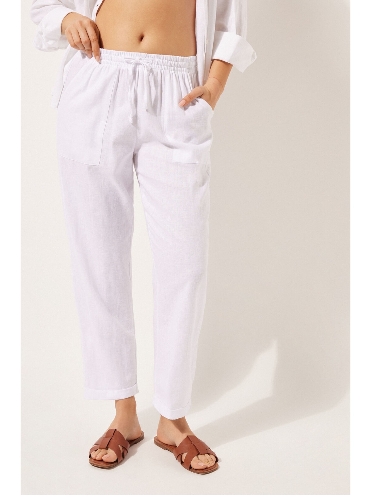 Calça Reta Em Linho e Viscose Branco Calzedonia