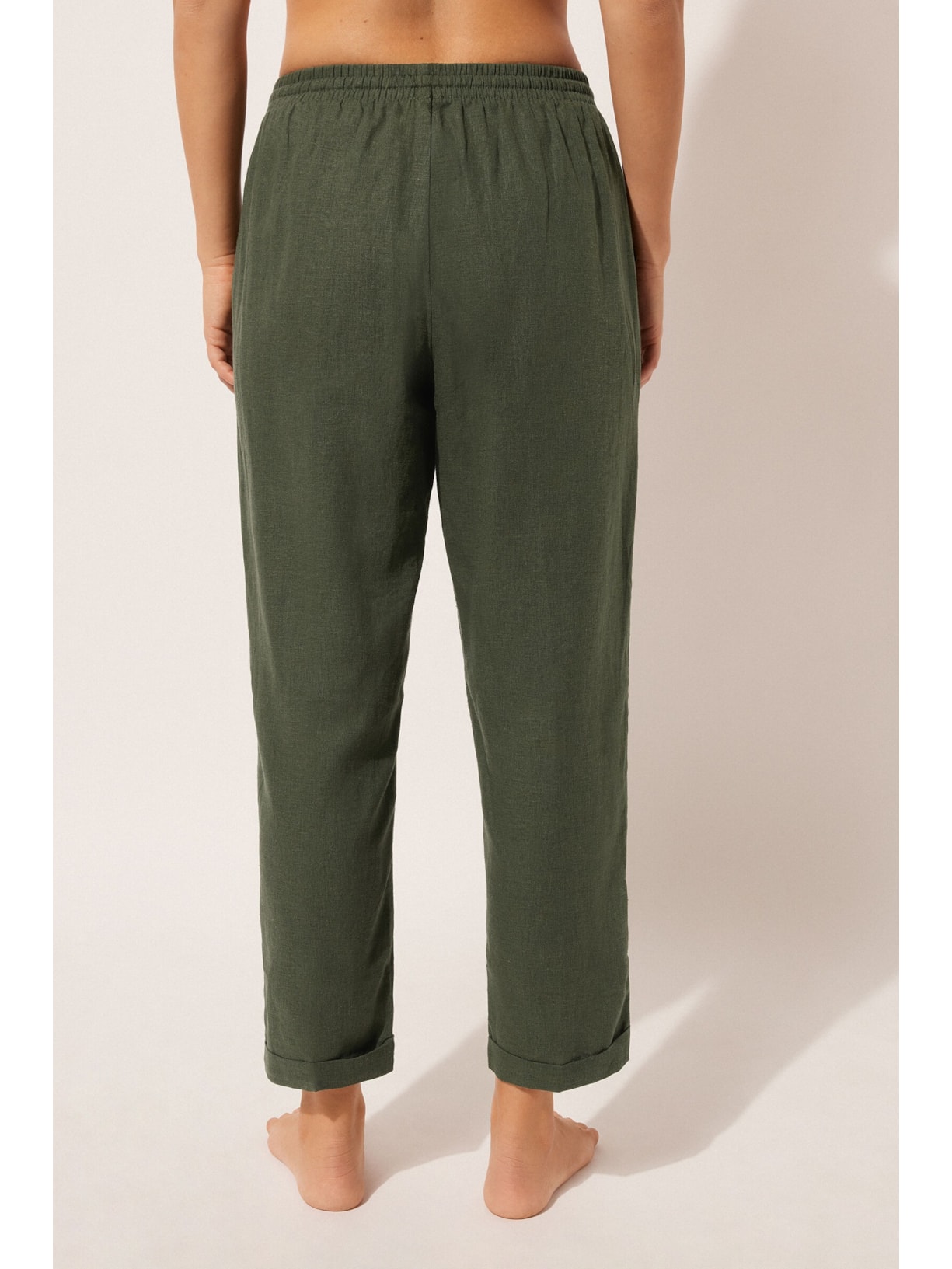 Calça Reta Em Linho e Viscose Verde Calzedonia