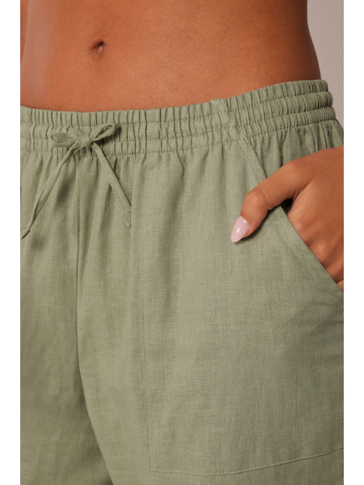 Calça Reta Em Linho e Viscose Verde Calzedonia