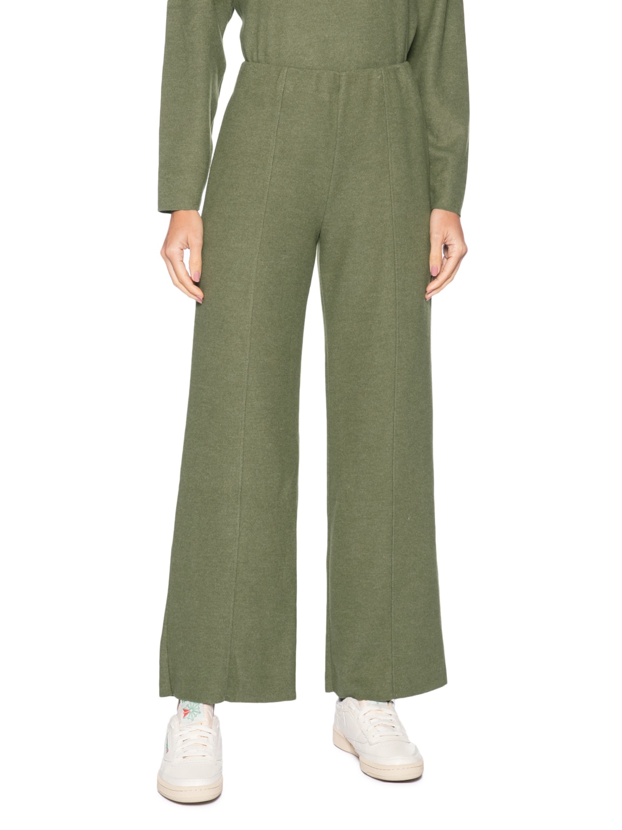 Calça Reta em Malha Tricot com Nervura Feminina Verde Basiq