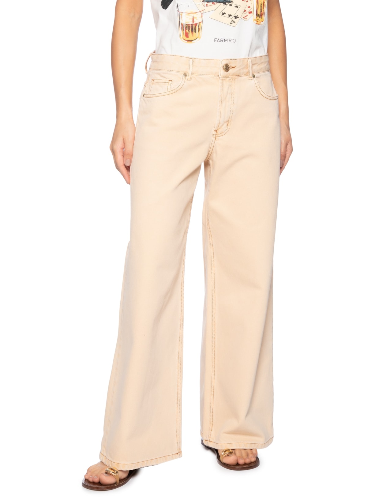 Calça Sarja Wide Faver Bege Farm