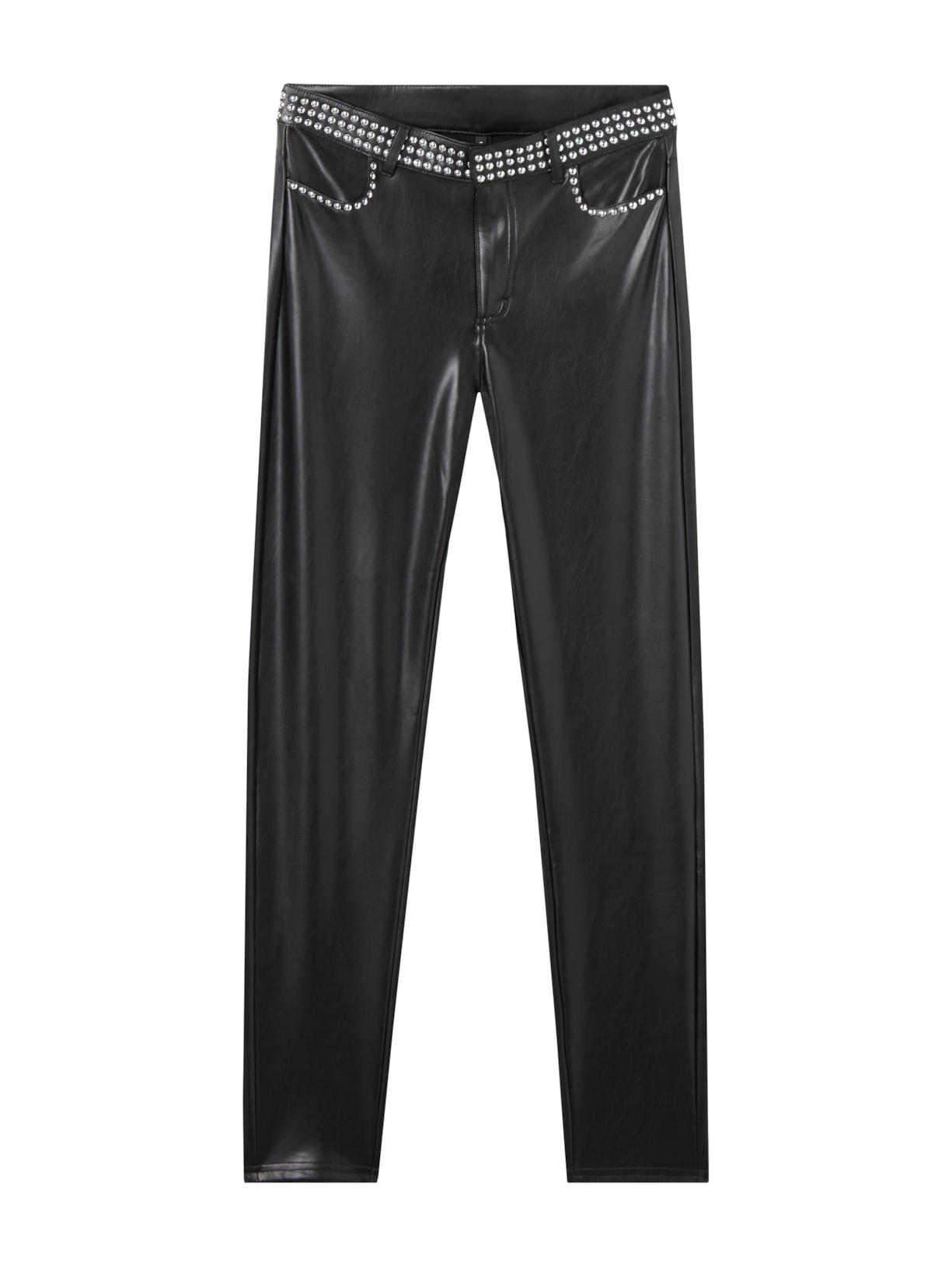 Calça Térmica Efeito Couro Com Tachas - Preto