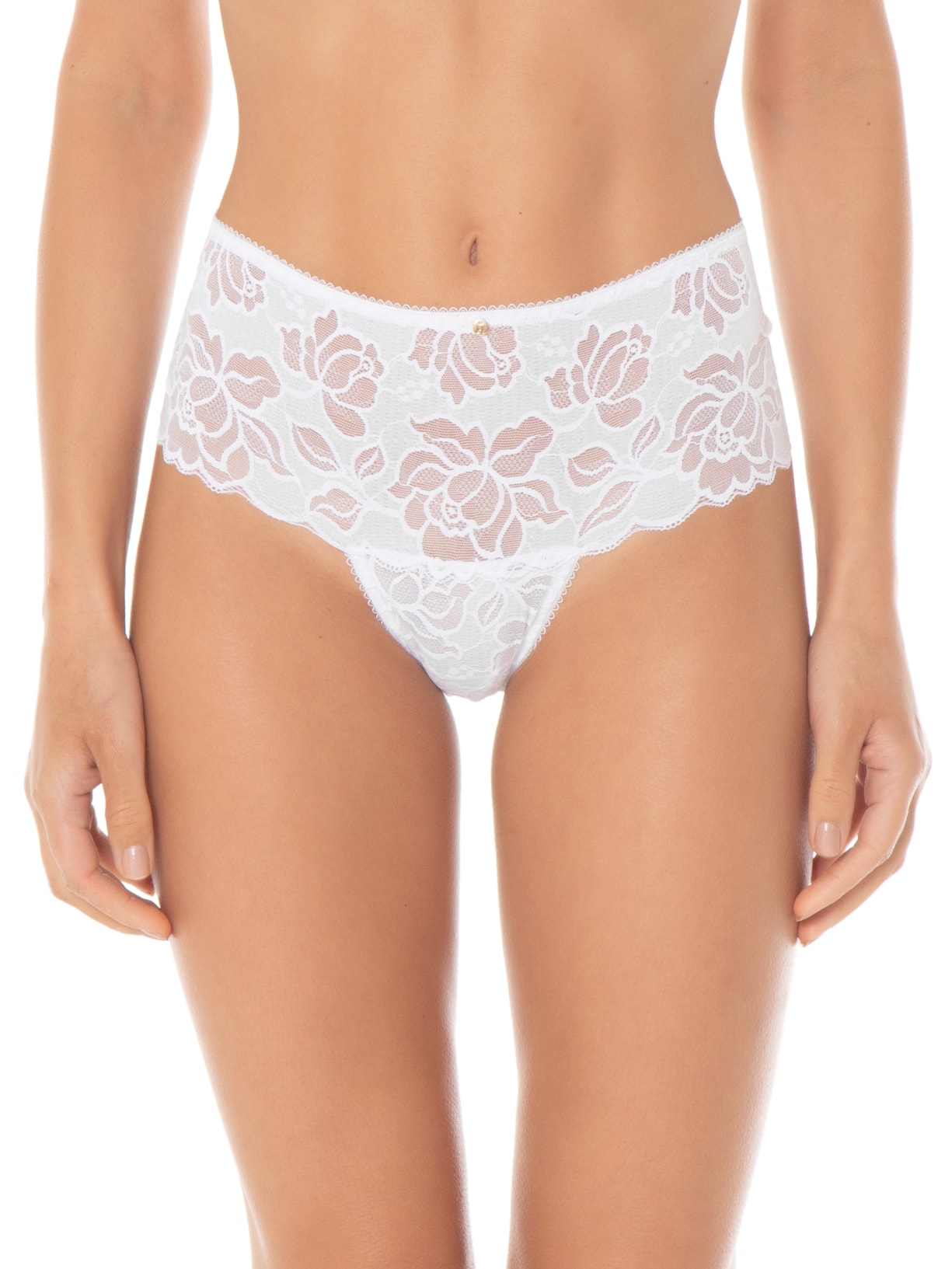 Calcinha Cintura Alta Fio Dental Em Renda Branco Hope