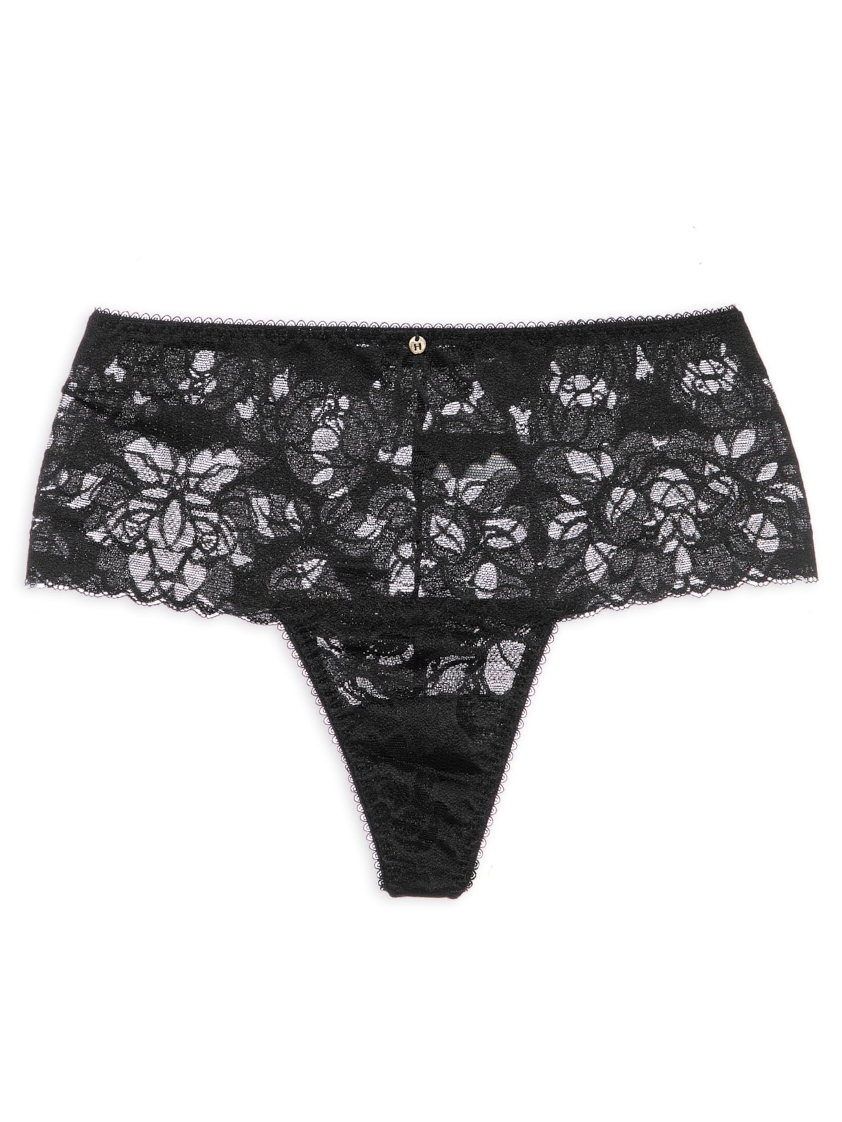 Calcinha Cintura Alta Fio Dental Em Renda - Preto