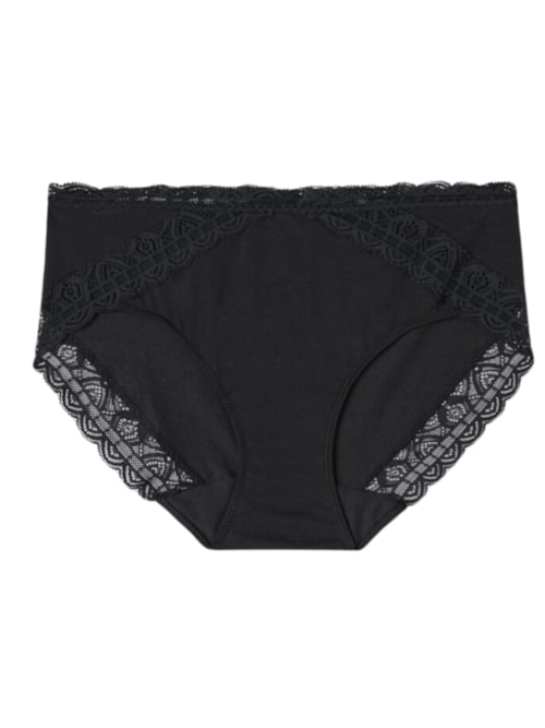 Calcinha Cintura Semi-Alta Em Algodão e Renda - Preto