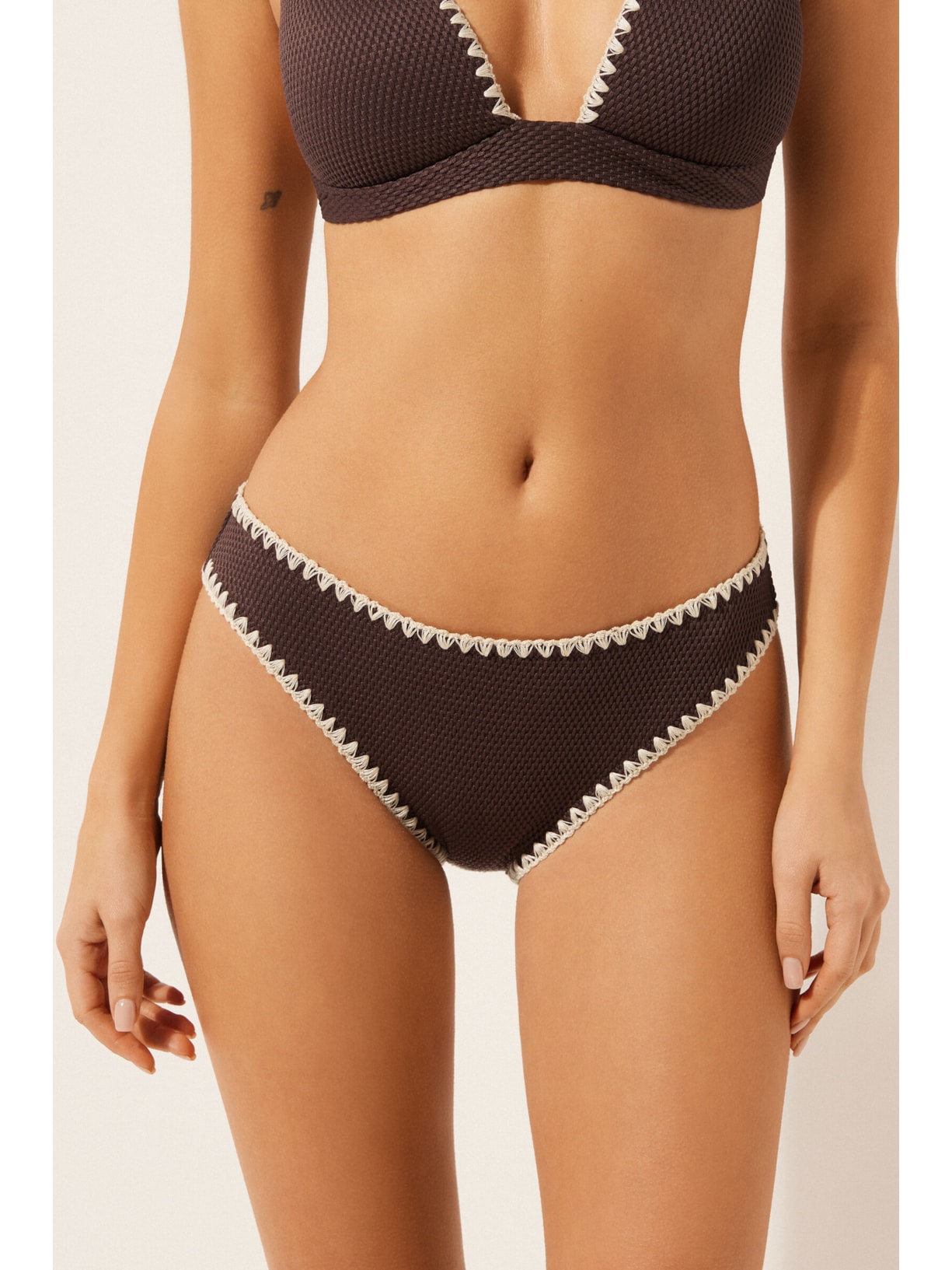 Calcinha De Biquíni Bicolor Embroidery Marrom Calzedonia