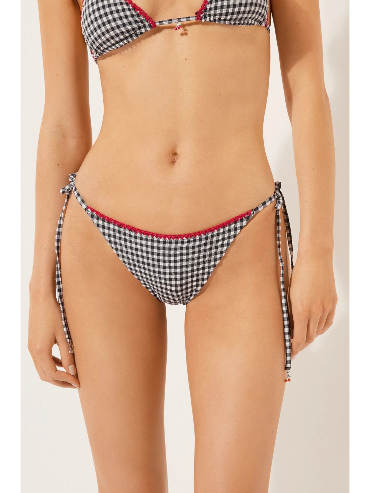 Calcinha De Biquíni Brasileira Com Amarração Cherry Vichy Preto Calzedonia