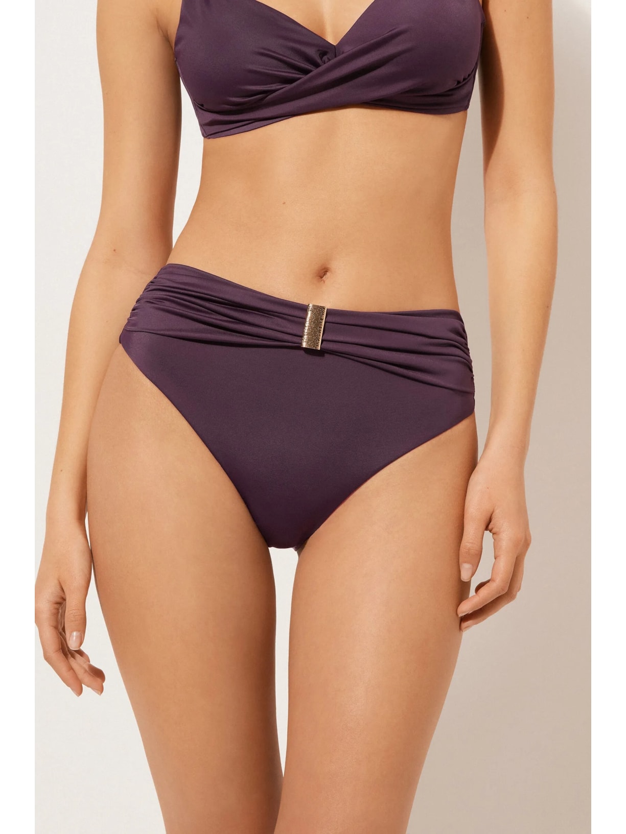 Calcinha De Biquíni De Cintura Alta Com Drapeado Scultura Roxo Calzedonia