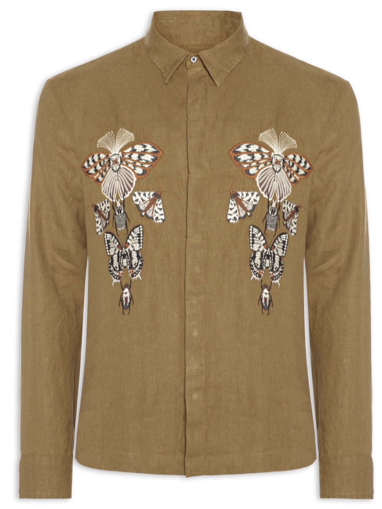 Camisa Casual Manga Longa Masculina Linen Bordado Cabinet - Bege