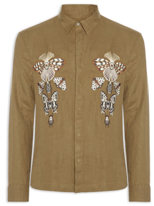 Camisa Casual Manga Longa Masculina Linen Bordado Cabinet - Bege