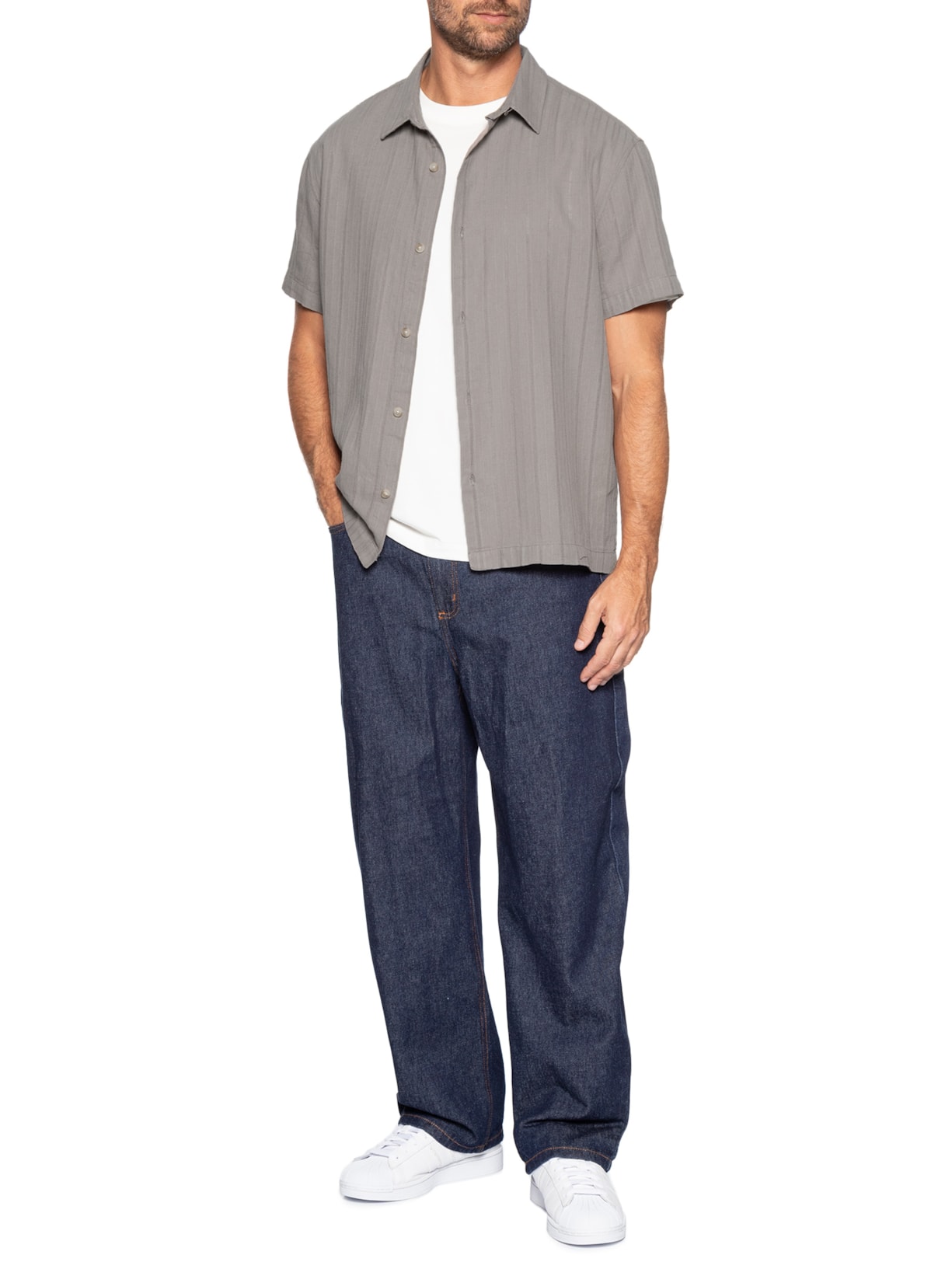 Camisa Casual Masculina Com Listras Texturizadas Cinza Hering