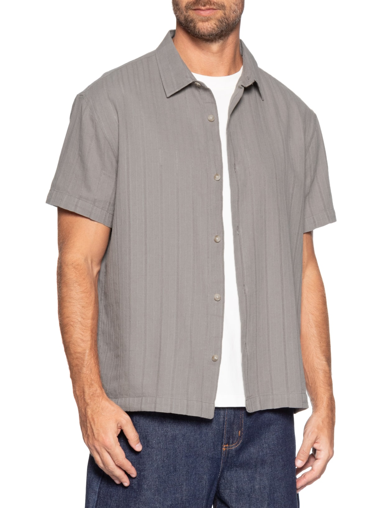 Camisa Casual Masculina Com Listras Texturizadas Cinza Hering