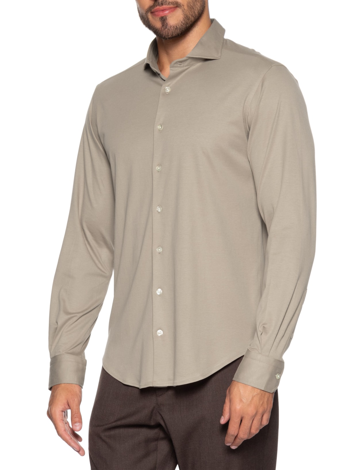 Camisa Casual Masculina Interlock em Pima Cotton Bege Paramount Alfaiataria