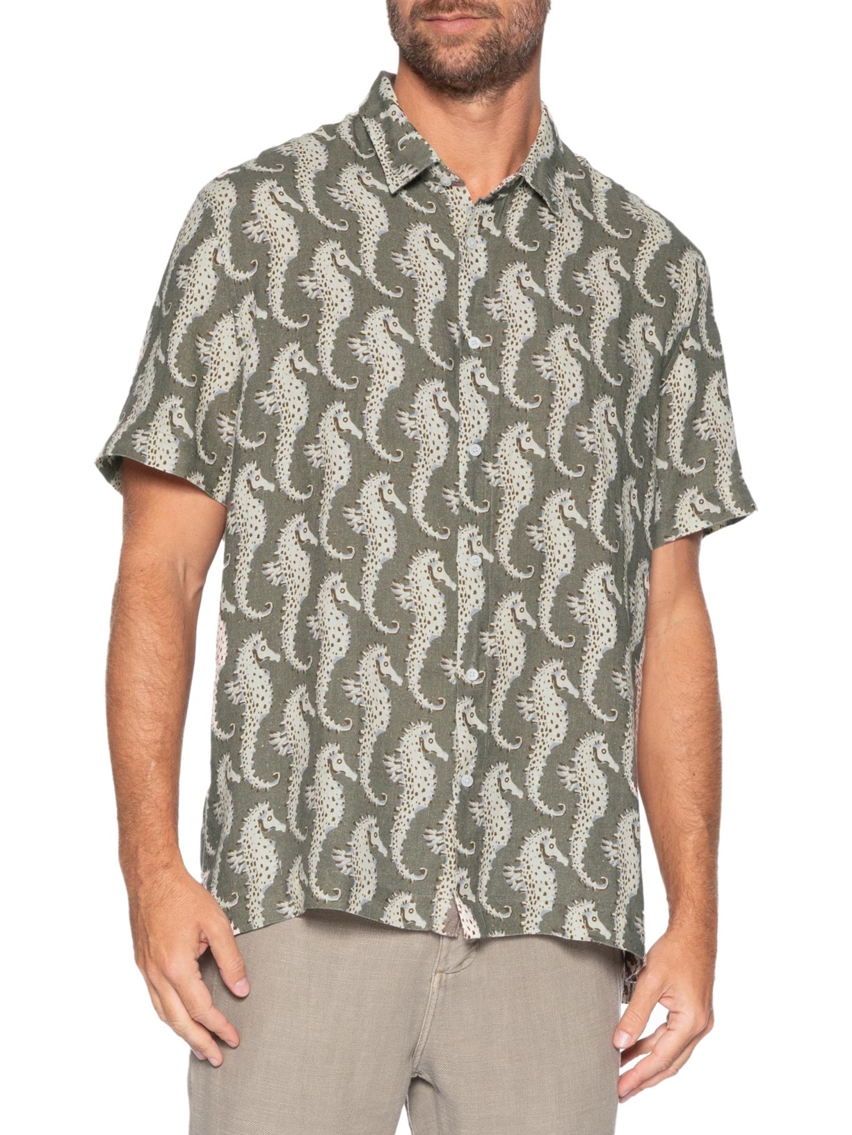 Camisa Casual Masculina Linen Seahorse Green Verde Osklen