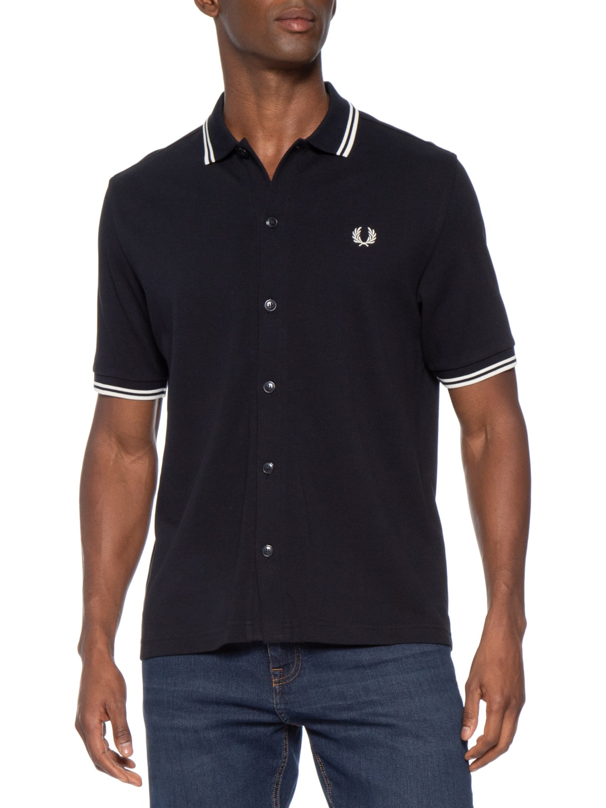 Camisa Casual Masculina Manga Curta com Friso Azul Fred Perry