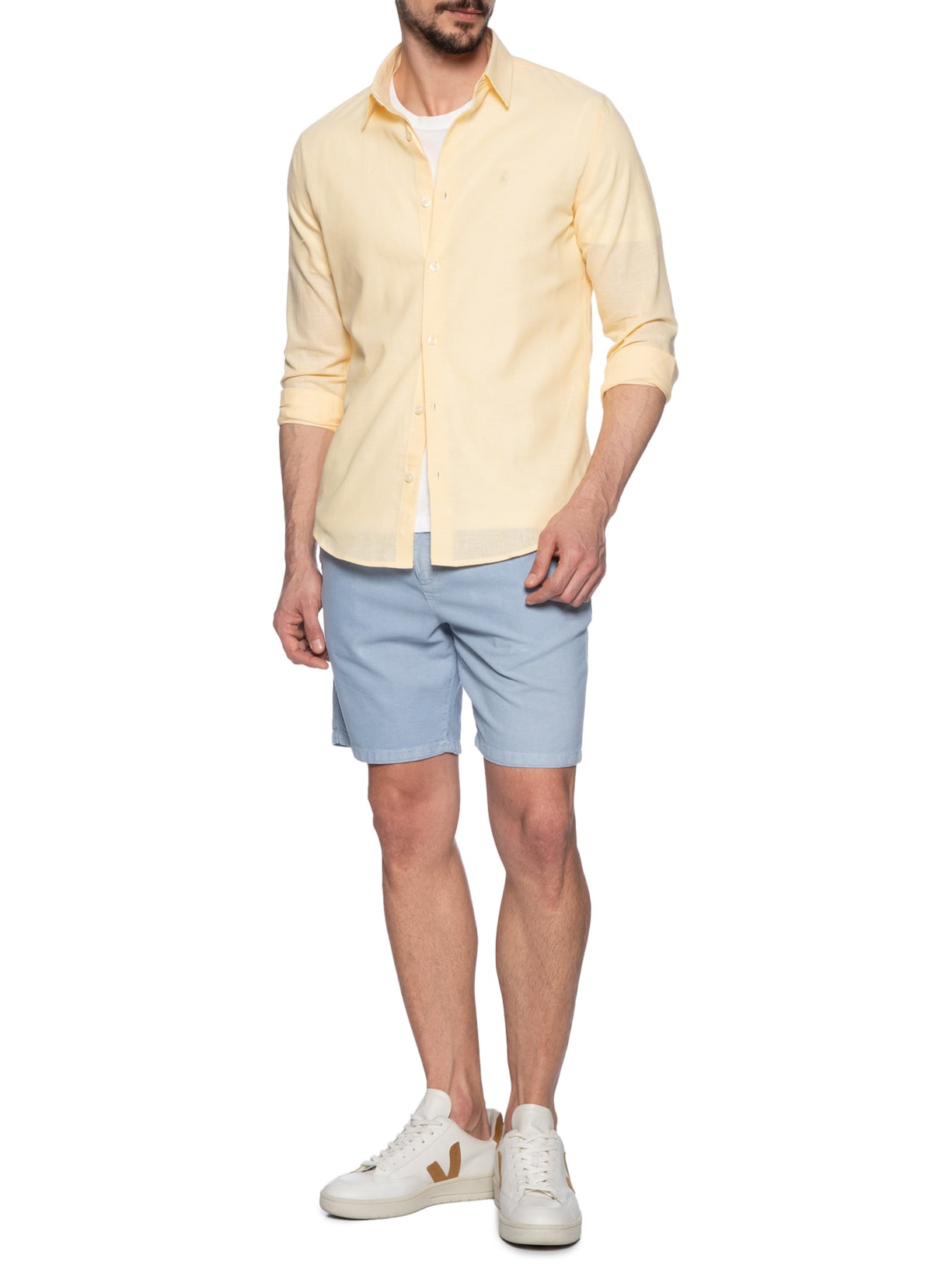 Camisa Casual Masculina Regular Fit Em Linho Amarelo Sergio K