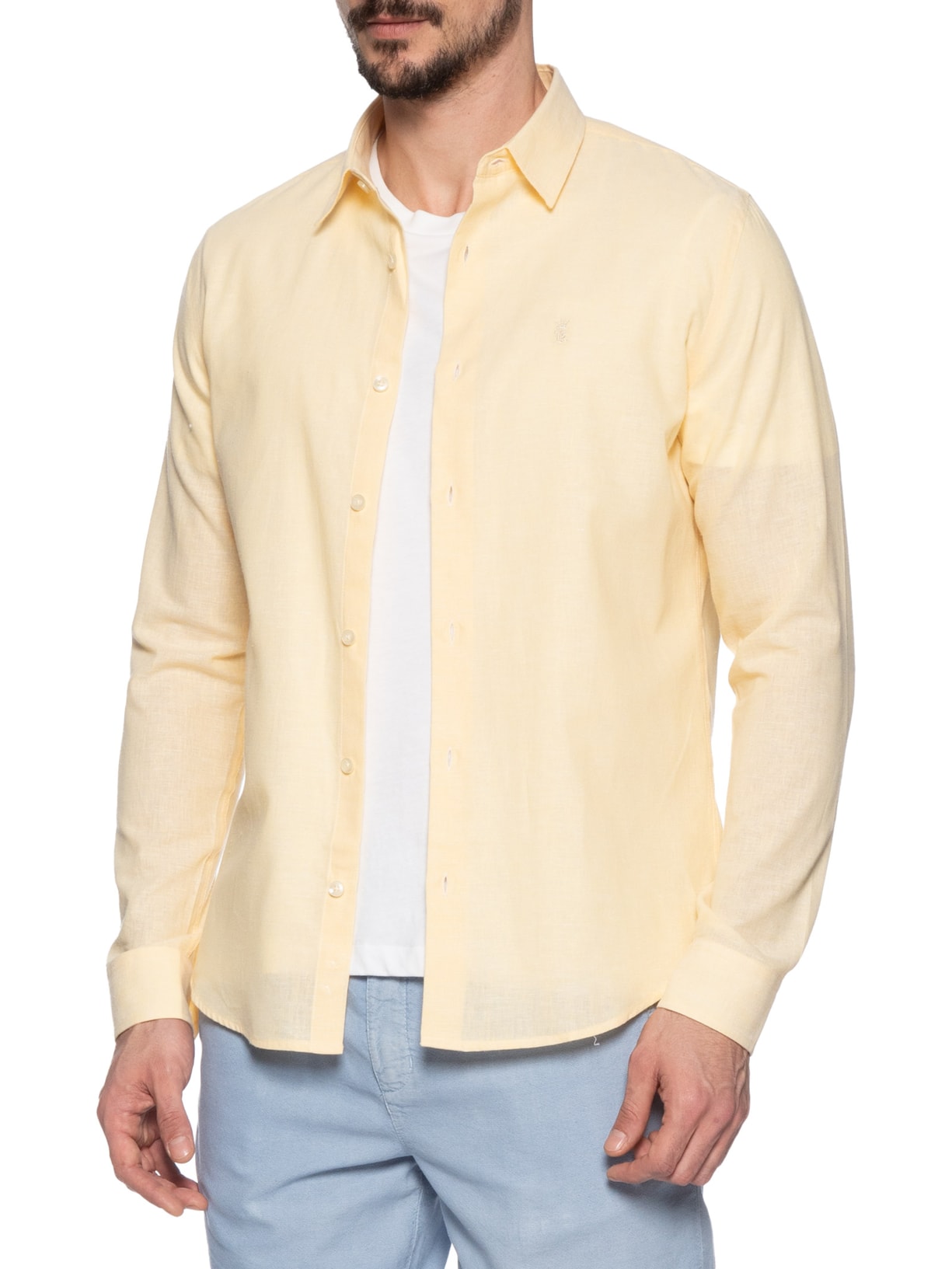 Camisa Casual Masculina Regular Fit Em Linho Amarelo Sergio K