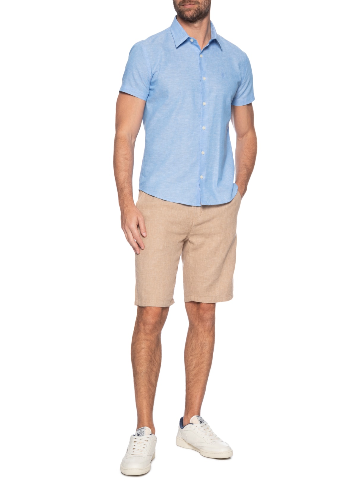 Camisa Casual Masculina Regular Fit Em Linho Azul Sergio K