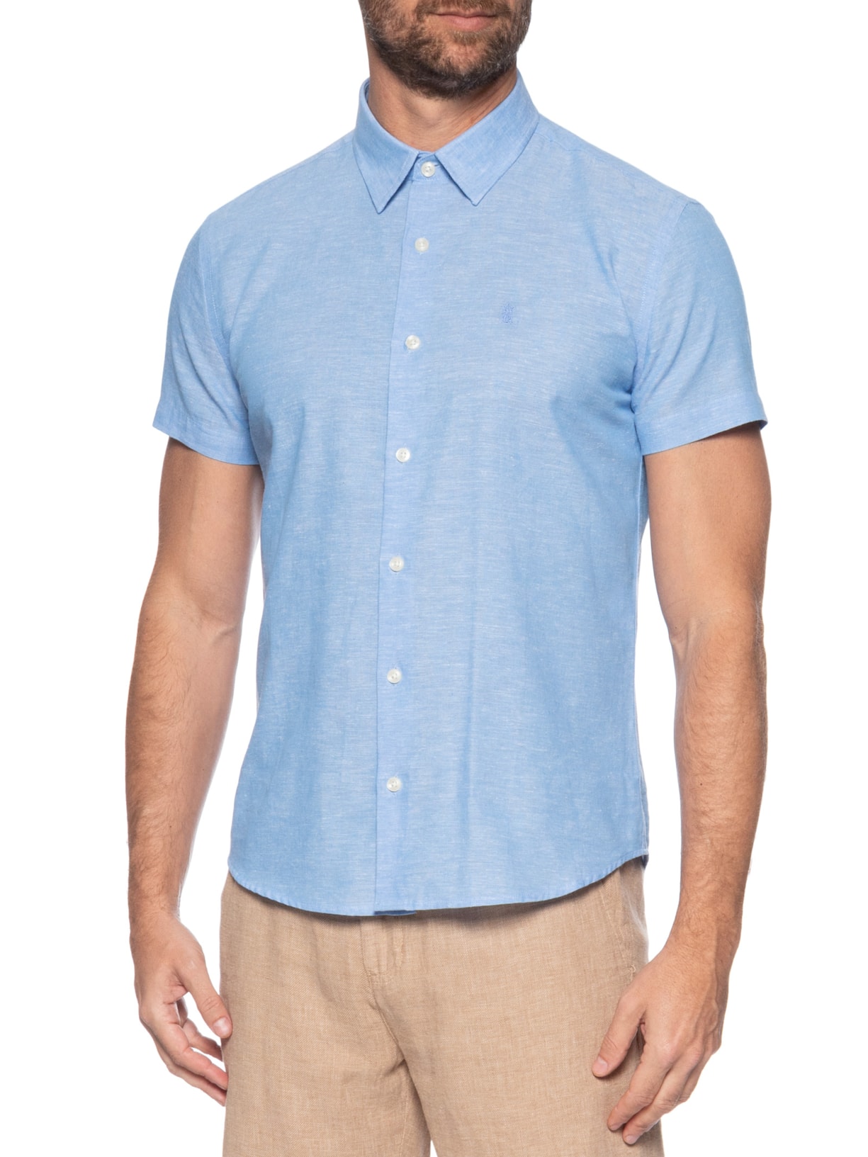 Camisa Casual Masculina Regular Fit Em Linho Azul Sergio K